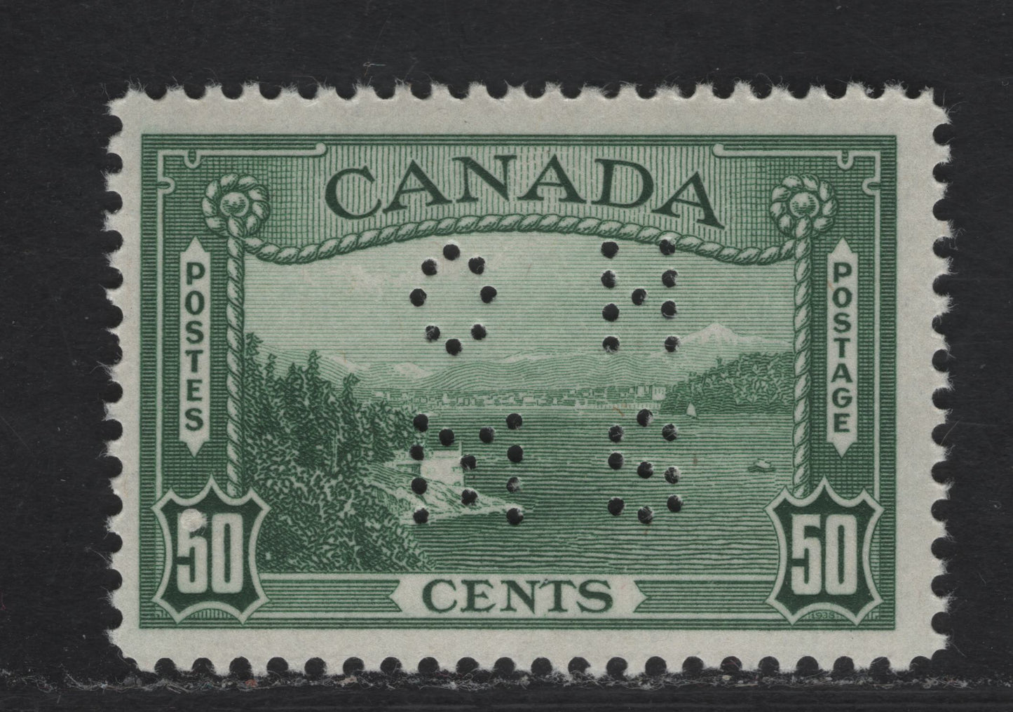 Lot 321 (C) Canada #O9-244 50c Deep Bright Bluish Green Vancouver Harbour, 1938 Pictorial Issue, A FOG Single On Paper-Gum Type CBN-O, Perf 11.95x12. 4 Hole OHMS, Pos. 1