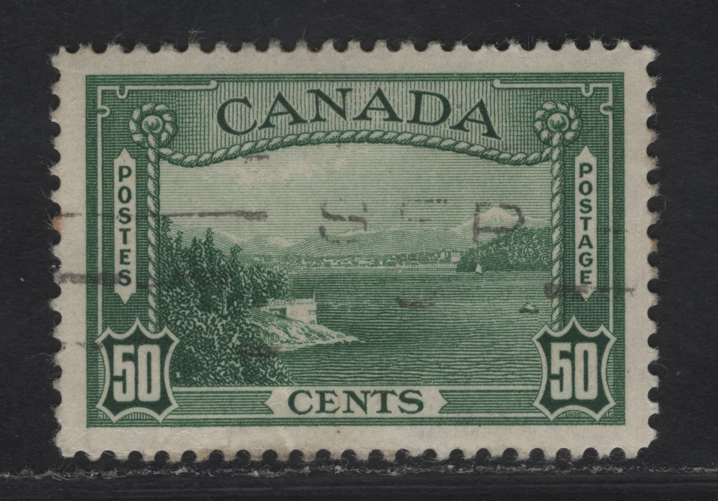 Lot 322 Canada #244 50c Deep Green Vancouver Harbour, 1938 Pictorial Issue, A Very Fine Used Single On CBN-T Type Paper, Which Still Has The Gum, Confirming The Existence Of Type T. Perf 12.1x11.85