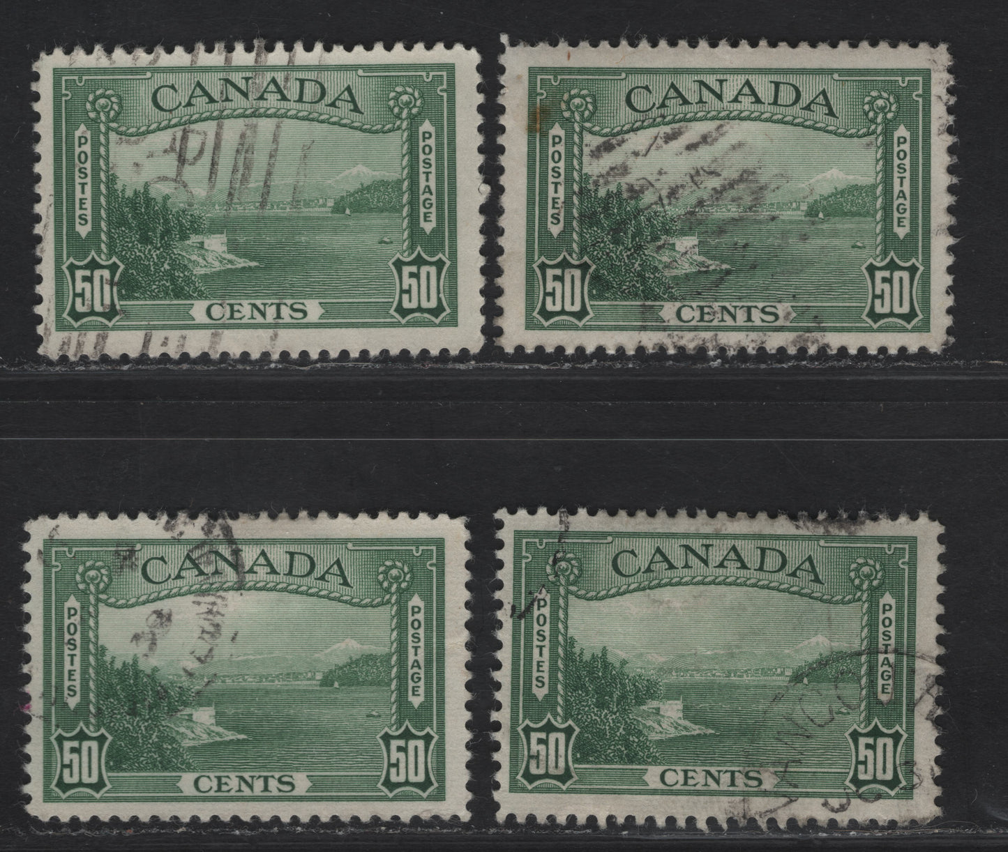 Lot 323 Canada #244 50c Deep Bluish Green Vancouver Harbour, 1938 Pictorial Issue, 4 Fine Used Singles On Paper Type CBN-L, CBN-O, CBN-Q, CBN-R, Unchecked As To Exact Perfs