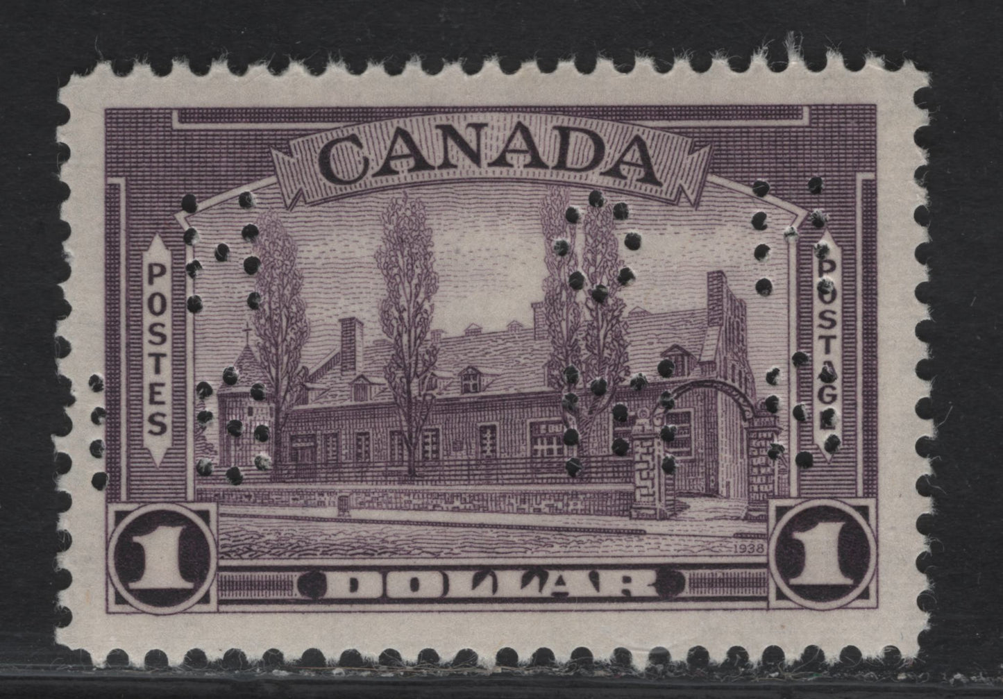 Lot 329 (C) Canada #O9-245 $1 Deep Reddish Violet Chateau De Ramezay, 1938 Pictorial Issue, A VFOG Single On Paper/Gum Type CBN-R, Perf 11.9, With 4-Hole OHMS Perfin From Pos.1