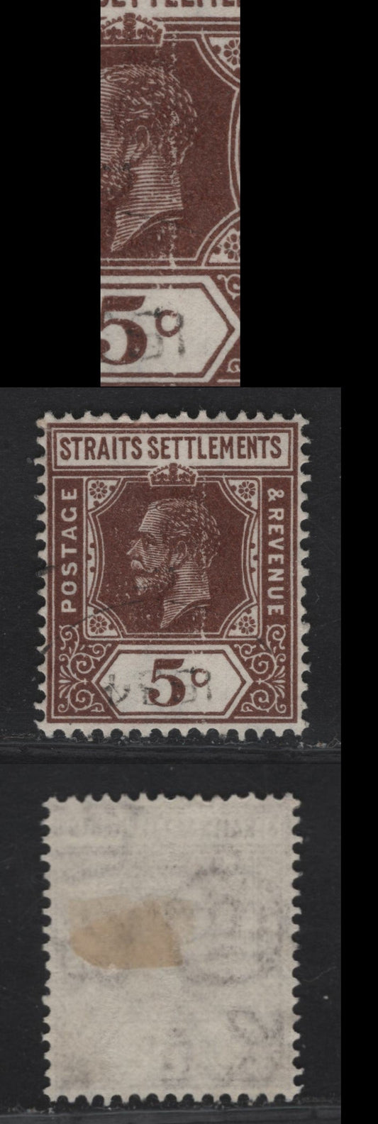 Lot 32 Straits Settlements SG#226a 5c - 10c Reddish Brown King George V, 1921-1933 KGV Imperium Keyplate Issue, A Very Fine Used Single, Die 2, Showing Large Vertical Plate Scratch, Script CA Wmk.