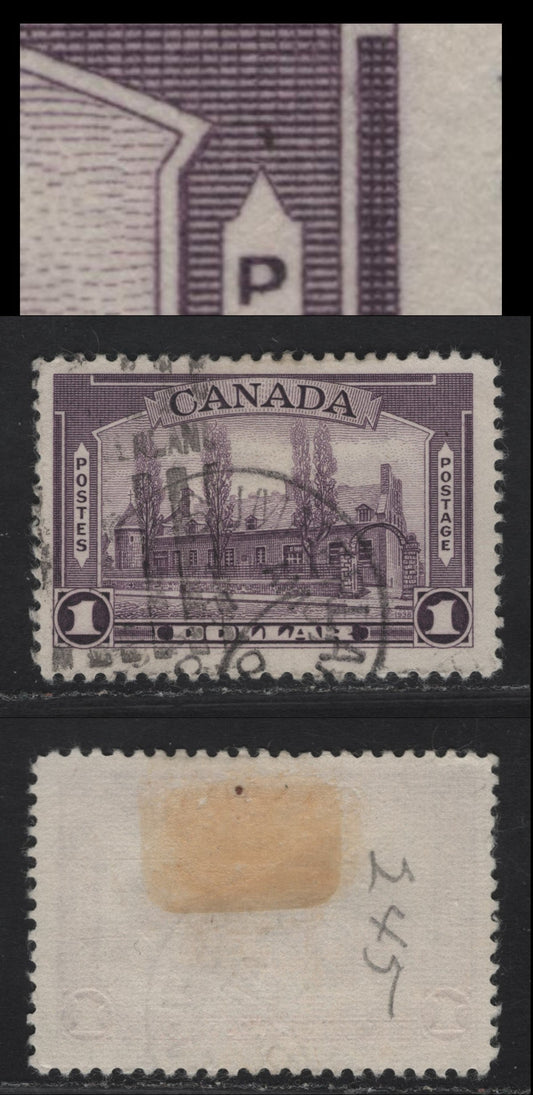 Lot 330 Canada #245var $1 Dull Violet Chateau De Ramezay, 1938 Pictorial Issue, A Fine Used Single On Paper Type CBN-S, Perf 12. Showing Large Dot In Ground Work Above Right "Postage" Panel