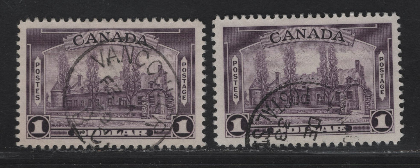 Lot 331 (C) Canada #245 $1 Deep Reddish Violet Chateau De Ramezay, 1938 Pictorial Issue, 2 Very Fine Used Singles On CBN-U Paper, Perf 12x11.9 And CBN-Q Paper, Perf 12. The Last Stamp With Beautiful SON Feb. 4, 1939 Vancouver Cancel