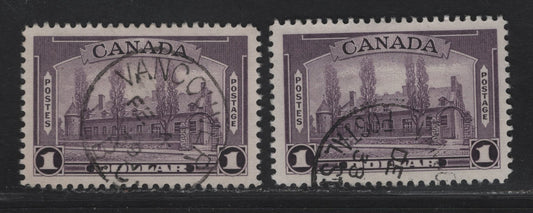Lot 331 (C) Canada #245 $1 Deep Reddish Violet Chateau De Ramezay, 1938 Pictorial Issue, 2 Very Fine Used Singles On CBN-U Paper, Perf 12x11.9 And CBN-Q Paper, Perf 12. The Last Stamp With Beautiful SON Feb. 4, 1939 Vancouver Cancel