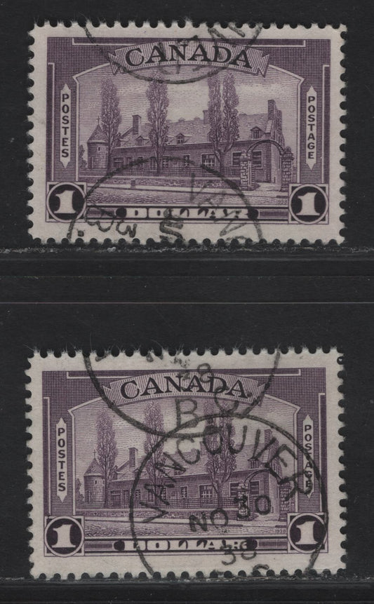 Lot 336 (C) Canada #245 $1 Deep Reddish Violet & Dull Violet Chateau De Ramezay, 1938 Pictorial Issue, 2 Very Fine Used Singles 1938 Printings On Paper Type CBN-L, Perfs 12.1x11.9 & 11.9