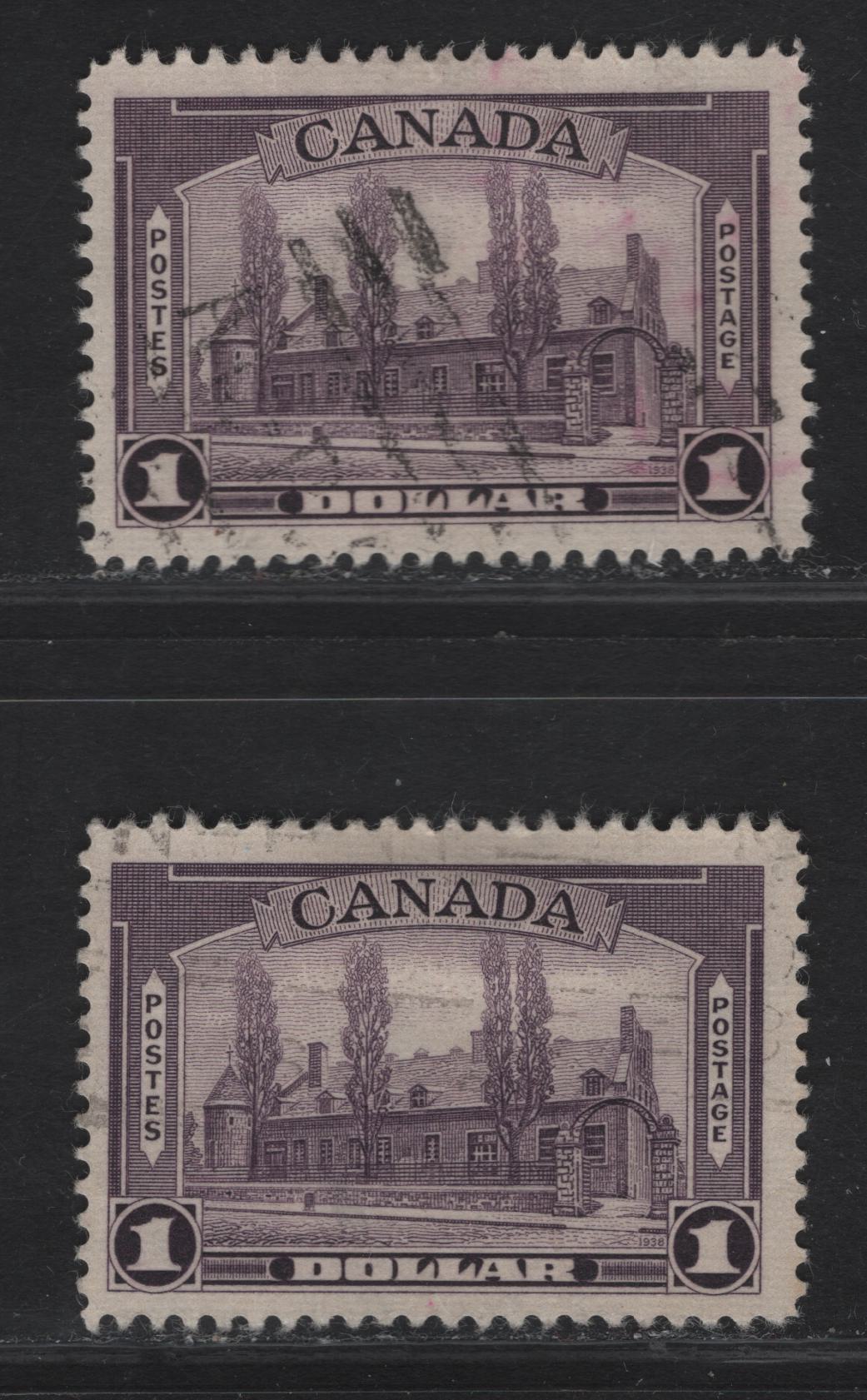 Lot 337 Canada #245 $1 Deep Reddish Violet & Dull Violet Chateau De Ramezay, 1938 Pictorial Issue, 2 F & VF Used Singles On Paper Type CBN-S, Perf 12x11.9 & 12.1x11.9