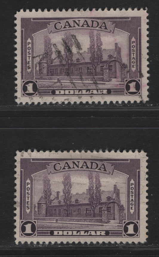 Lot 337 Canada #245 $1 Deep Reddish Violet & Dull Violet Chateau De Ramezay, 1938 Pictorial Issue, 2 F & VF Used Singles On Paper Type CBN-S, Perf 12x11.9 & 12.1x11.9