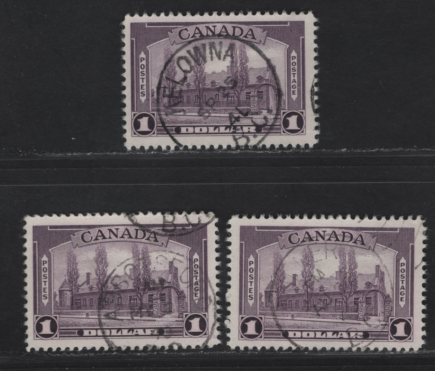 Lot 338 (C) Canada #245i $1 Deep Reddish Aniline Violet Chateau De Ramezay, 1938 Pictorial Issue, 3 F & VF Used Singles On Paper Type CBN-L, Perf 11.9x12,11.9, 12x11.9