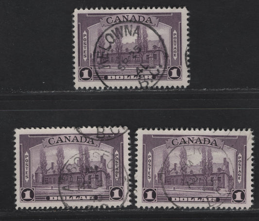 Lot 338 (C) Canada #245i $1 Deep Reddish Aniline Violet Chateau De Ramezay, 1938 Pictorial Issue, 3 F & VF Used Singles On Paper Type CBN-L, Perf 11.9x12,11.9, 12x11.9