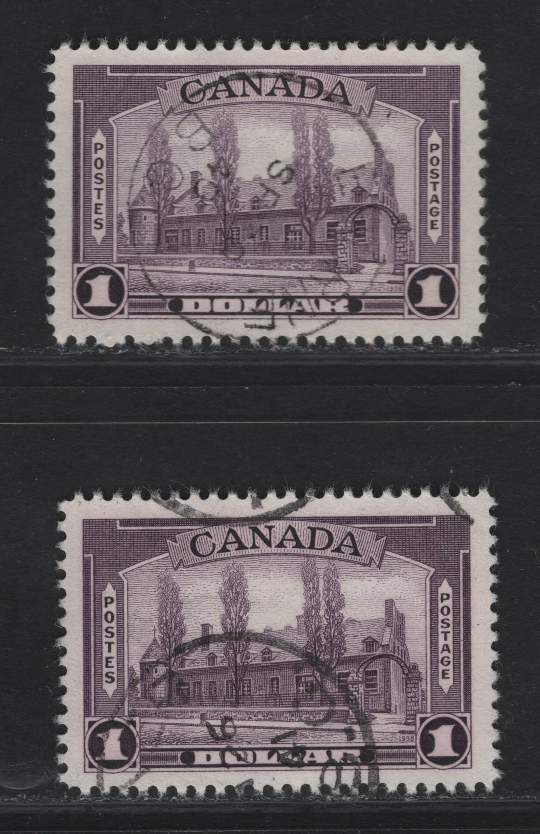 Lot 339 (C) Canada #245i $1 Deep Reddish Aniline Violet & Duller Aniline Violet Chateau De Ramezay, 1938 Pictorial Issue, 2 Very Fine Used Singles On Paper CDN-L, Perf 12x12.05 And 12