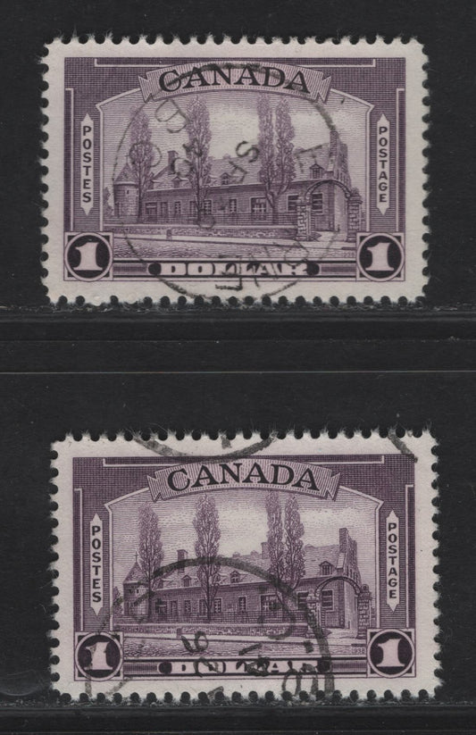 Lot 339 (C) Canada #245i $1 Deep Reddish Aniline Violet & Duller Aniline Violet Chateau De Ramezay, 1938 Pictorial Issue, 2 Very Fine Used Singles On Paper CDN-L, Perf 12x12.05 And 12