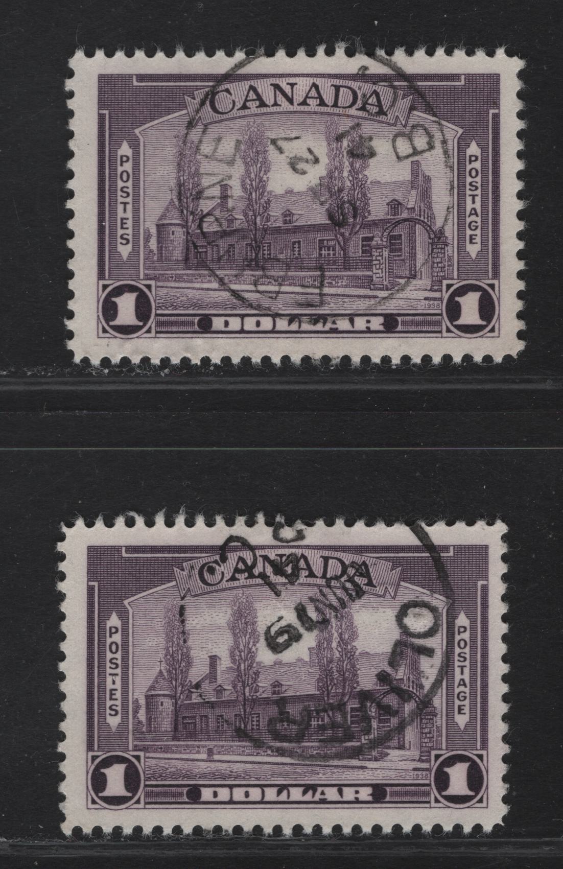 Lot 340 (C) Canada #245i $1 Deep Reddish Aniline Violet & Dull Aniline Violet Chateau De Ramezay, 1938 Pictorial Issue, 2 Very Fine Used Singles On Paper Type CBN-V, Perf 12, With Sept. 27, 1941 Eburne BC & June 19, 1841 Oliver BC Cancels