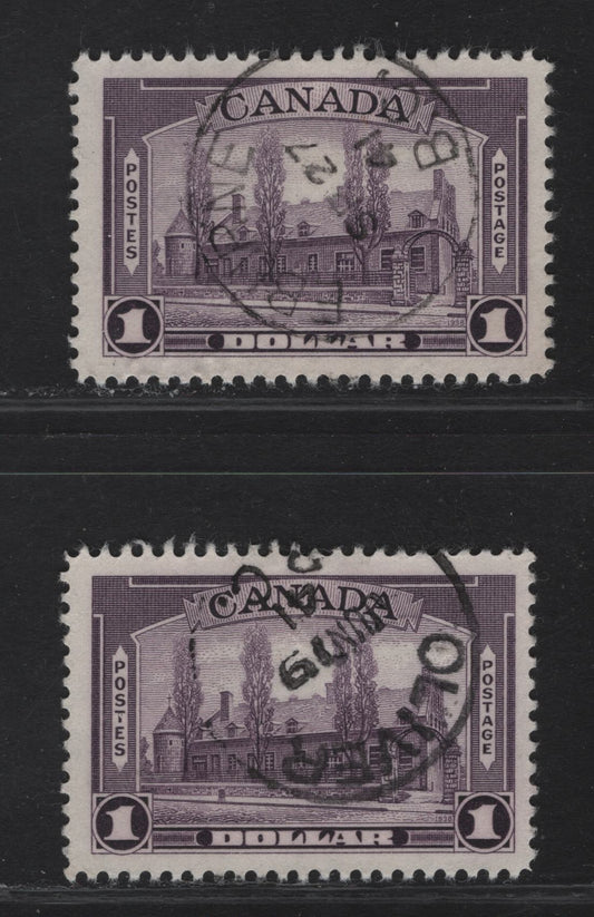 Lot 340 (C) Canada #245i $1 Deep Reddish Aniline Violet & Dull Aniline Violet Chateau De Ramezay, 1938 Pictorial Issue, 2 Very Fine Used Singles On Paper Type CBN-V, Perf 12, With Sept. 27, 1941 Eburne BC & June 19, 1841 Oliver BC Cancels