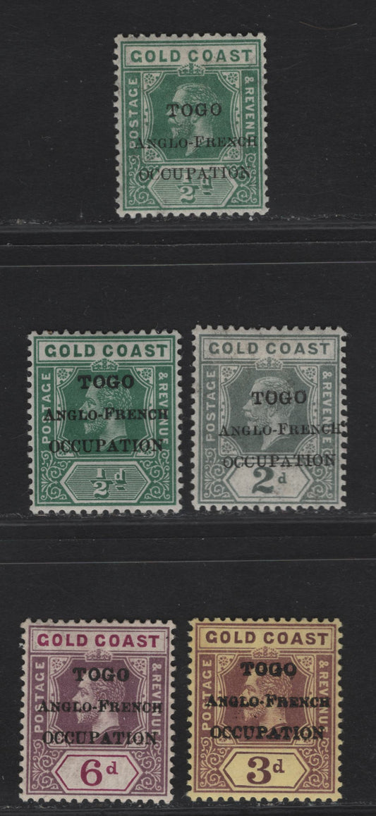 Lot 35 Togo SG#H34, H36, H47, H51-H52 1/2d - 6d Green - Dull & Bright Purple King George V, 1915-1916 KGV Imperium Keyplate Issue, 5 VFOG Singles, Anglo-French Occupation Overprints