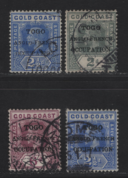 Lot 36 Togo SG#H37, H49-H50, H52 2.5d - 6d Bright Blue - Dull & Bright Purple King George V, 1915-1916 KGV Imperium Keyplate Issue, 4 Fine/Very Fine Used Singles, London Overprint, Anglo-French Occupation Overprints