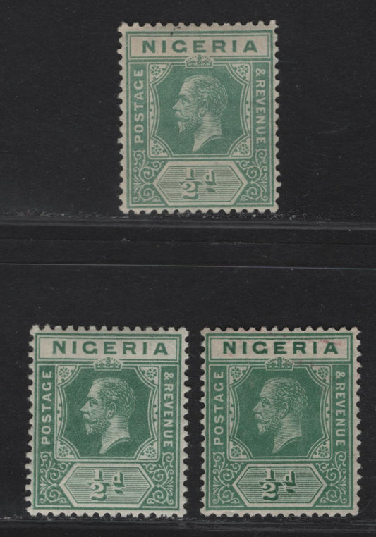Lot 39 Nigeria SG#1 1/2d Deep Green, Green & Pale Green King George V, 1914-1929 KGV Imperium Keyplate Issue, Wmk Multiple Crown CA, 3 VFOG Singles, 3 Different Printings