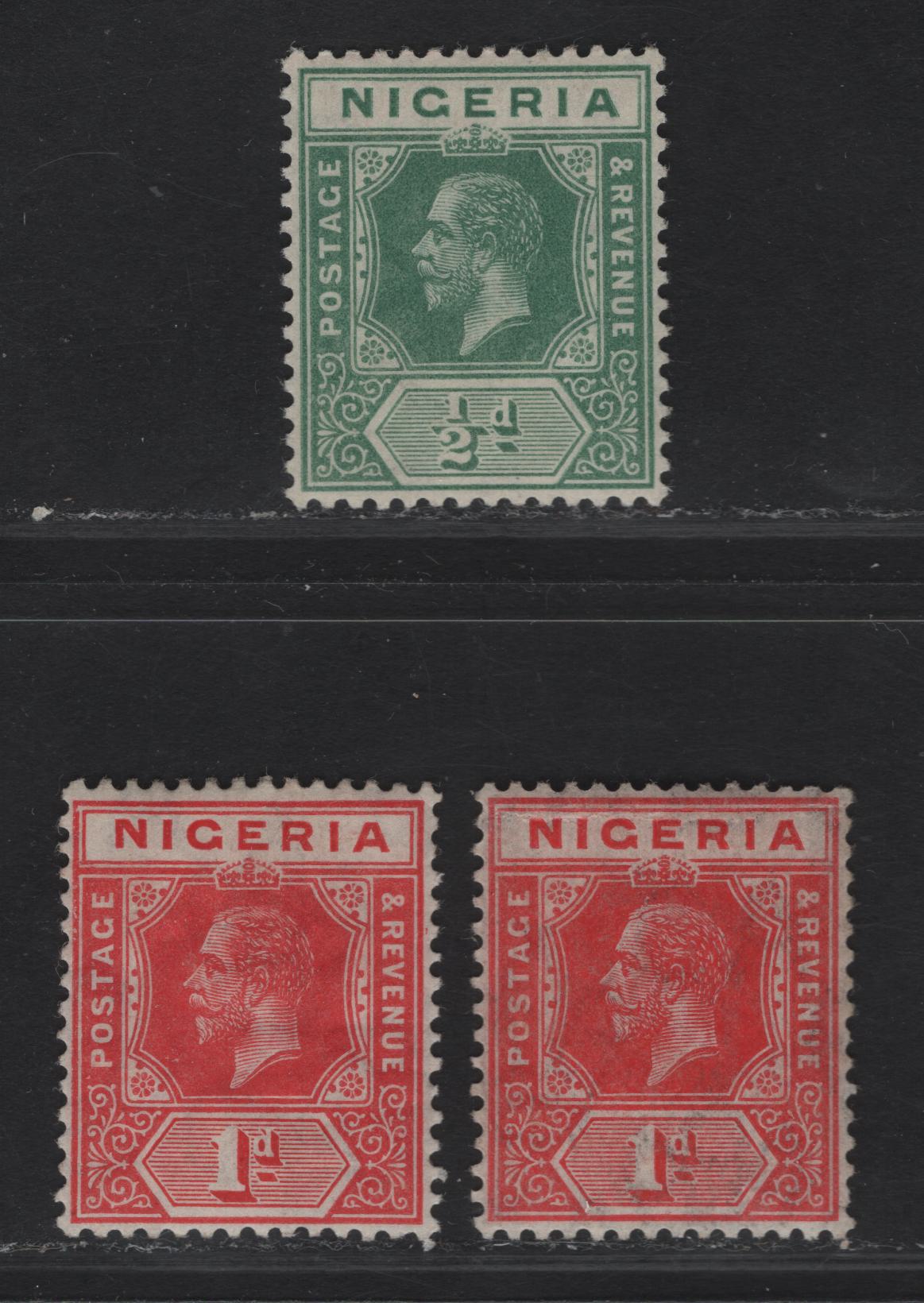 Lot 40 Nigeria SG#1-2a 1/2d - 1d Green - Scarlet King George V, 1914-1929 KGV Imperium Keyplate Issue, Wmk Multiple Crown CA, 3 VFOG Singles, Multiple Crown CA Wmk