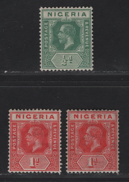 Nigeria SG#1-2a 1/2d - 1d Green - Scarlet King George V, 1914-1929 KGV Imperium Keyplate Issue, Wmk Multiple Crown CA, 3 VFOG Singles, Multiple Crown CA Wmk