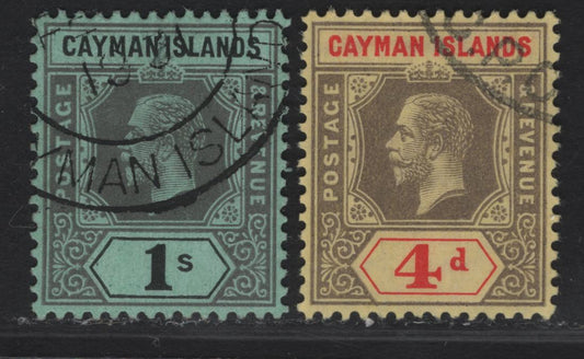 Lot 4 Cayman Islands #46, 48 4d Black & Red On Yellow And 1/- Black On Green, 1912-1920 King George V Imperium Keyplate Issue With Wmk Multiple Crown CA, 2 Very Fine Used Singles
