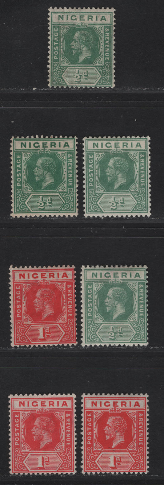 Lot 41 Nigeria SG#1-2a 1/2d - 1d PaleGreen - Scarlet King George V, 1914-1929 KGV Imperium Keyplate Issue, Wmk Multiple Crown CA, 7 FOG Singles, Different Shades