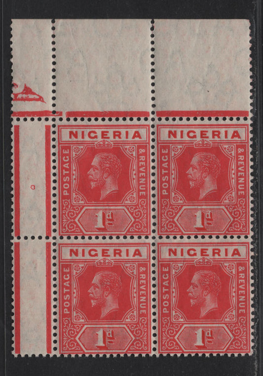 Lot 42 Nigeria SG#2 1d Deep Carmine & Carmine King George V, 1914-1929 KGV Imperium Keyplate Issue, Wmk Multiple Crown CA, A FNH UL Block Of 4, Nigeria Inscription Is Deep Carmine, Remainder is Carmine, Top Sheet Margin Block Of 4