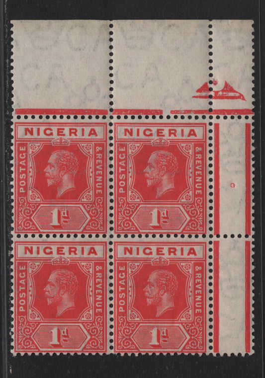 Lot 43 Nigeria SG#1var 1d Deep Carmine & Carmine King George V, 1914-1929 KGV Imperium Keyplate Issue, Wmk Multiple Crown CA, A FNH UL Block Of 4, Similar To Lot #42, But Same Uniform Shade of Carmine