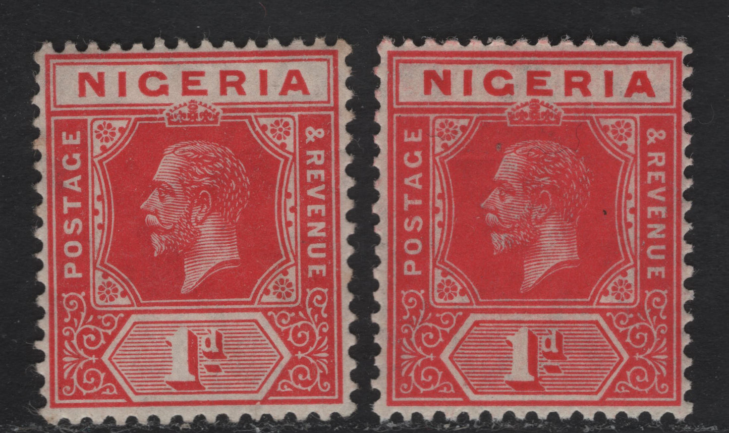 Nigeria SG#2 1d Deep Carmine & Carmine - Carmine King George V, 1914-1929 KGV Imperium Keyplate Issue, Wmk Multiple Crown CA, 2 VFNH Singles, One Printed In A Uniform Shade of Carmine Red & One In Two Shades