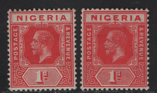 Lot 44 Nigeria SG#2 1d Deep Carmine & Carmine - Carmine King George V, 1914-1929 KGV Imperium Keyplate Issue, Wmk Multiple Crown CA, 2 VFNH Singles, One Printed In A Uniform Shade of Carmine Red & One In Two Shades
