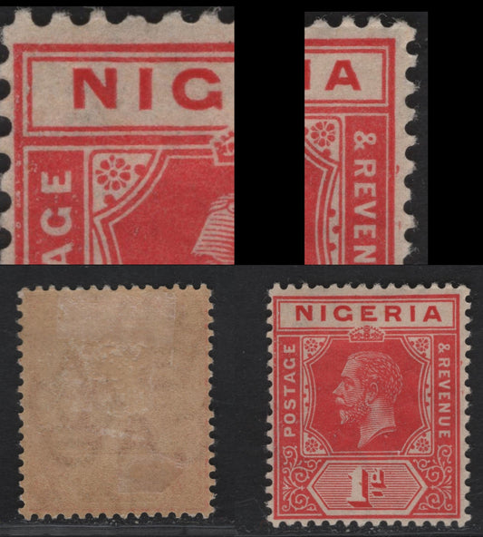 Lot 46 Nigeria SG#2 1d Carmine Red King George V, 1914-1929 KGV Imperium Keyplate Issue, Wmk Multiple Crown CA, A FOG Single, Burr In Right Margin, Dented Inner Frame At Upper Left