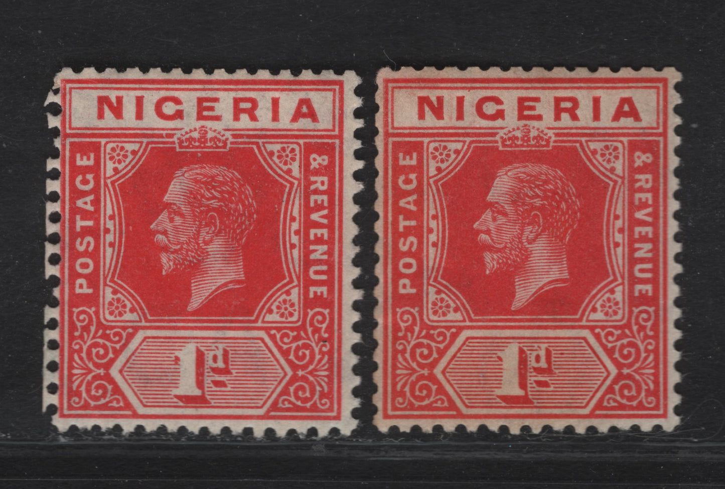 Lot 47 Nigeria SG#2var 1d Carmine Red & Scarlet Red King George V, 1914-1929 KGV Imperium Keyplate Issue, Wmk Multiple Crown CA, 2 F/VFOG Booklet Singles, Showing Offsets Of The Cover Adverts, Both Stamps Show Characteristic Guillotined Perfs At Left