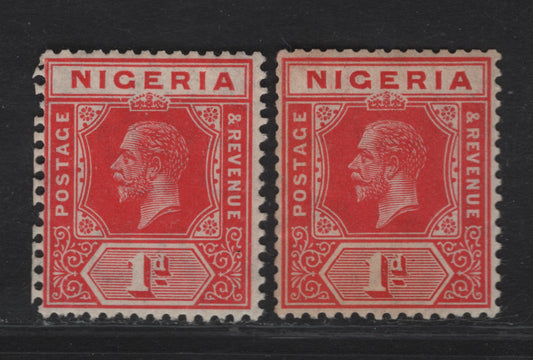 Lot 47 Nigeria SG#2var 1d Carmine Red & Scarlet Red King George V, 1914-1929 KGV Imperium Keyplate Issue, Wmk Multiple Crown CA, 2 F/VFOG Booklet Singles, Showing Offsets Of The Cover Adverts, Both Stamps Show Characteristic Guillotined Perfs At Left