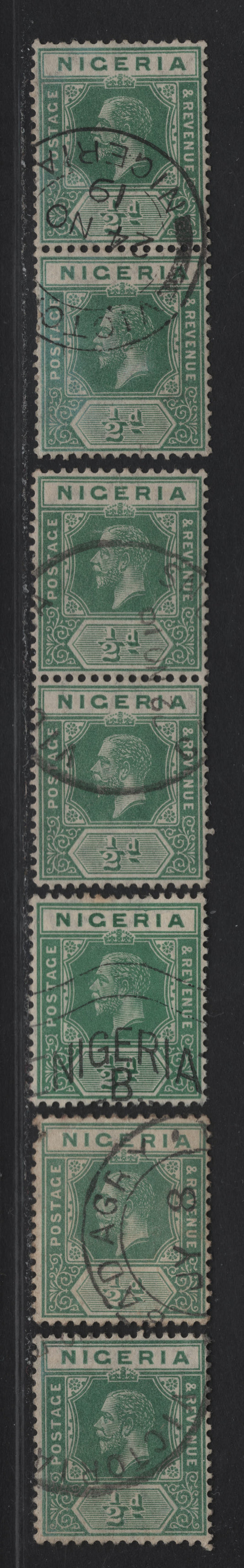 Lot 48 Nigeria SG#1 1/2d Green King George V, 1914-1929 KGV Imperium Keyplate Issue, Wmk Multiple Crown CA, 5 Fine/Very Fine Used Vertical Pairs & Singles, All With Less Common Cancels
