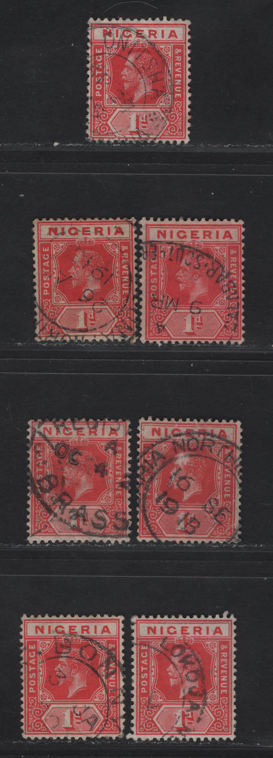 Lot 49 Nigeria SG#2, 2a 1d Carmine Red King George V, 1914-1929 KGV Imperium Keyplate Issue, Wmk Multiple Crown CA, 7 Fine/Very Fine Used Singles, Better Cancellations