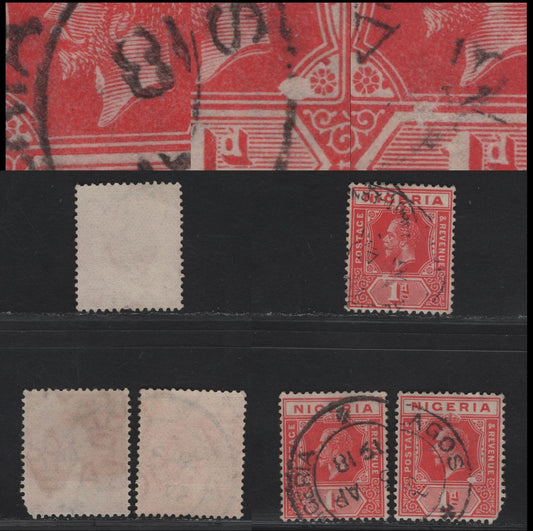 Lot 50 Nigeria SG#2a 1d Scarlet King George V, 1914-1929 KGV Imperium Keyplate Issue, Wmk Multiple Crown CA, 3 Fine/Very Fine Used Singles, All Showing Plate Flaws