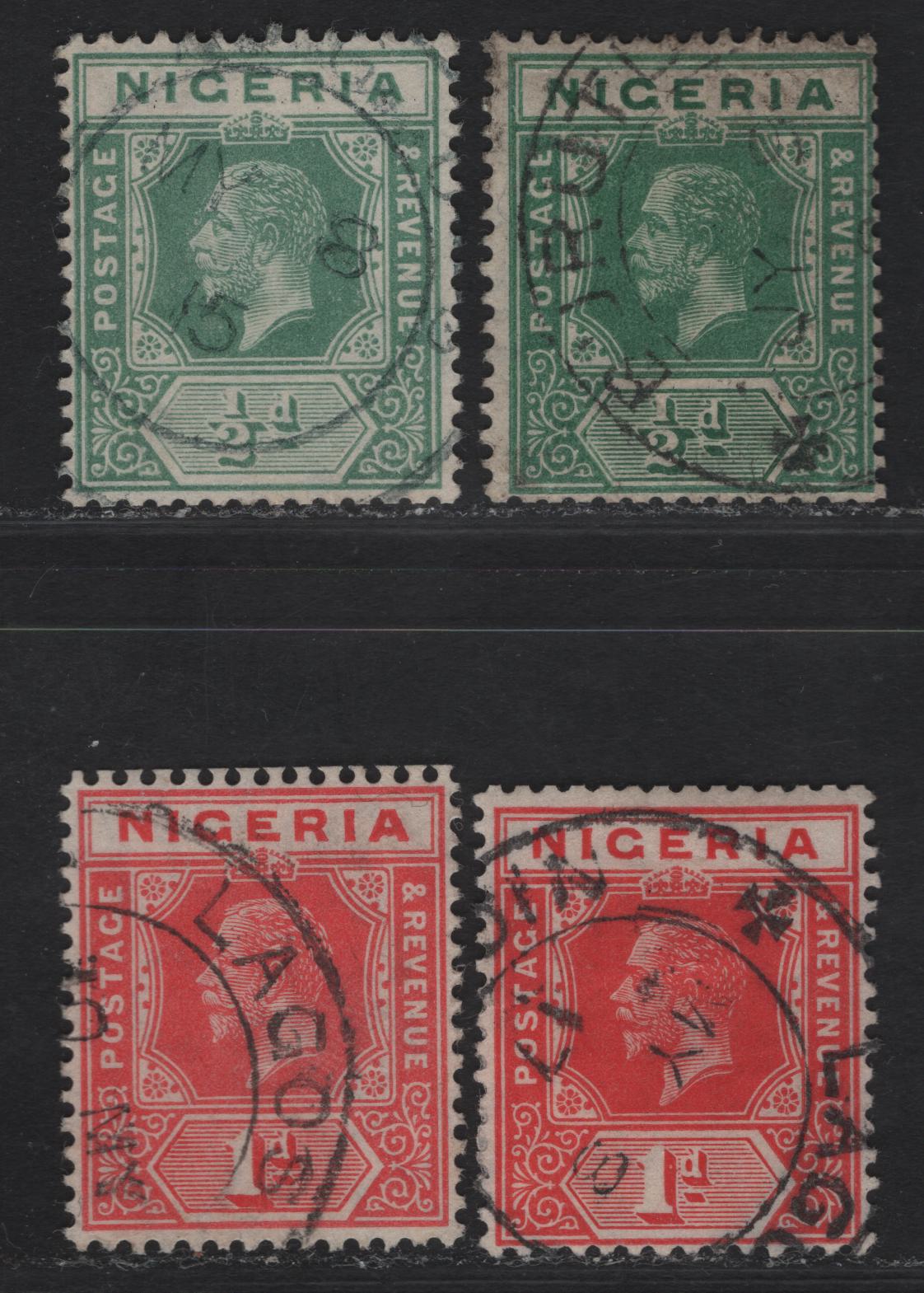 Lot 52 Nigeria SG#1, 2var 1/2d - 1d Green - Scarlet King George V, 1914-1929 KGV Imperium Keyplate Issue, Wmk Multiple Crown CA, 4 Fine/Very Fine Used Booklet Singles, Much Scarcer Than Sheet Stamps