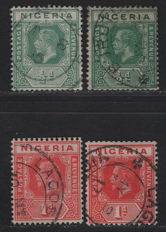 Lot 52 Nigeria SG#1, 2var 1/2d - 1d Green - Scarlet King George V, 1914-1929 KGV Imperium Keyplate Issue, Wmk Multiple Crown CA, 4 Fine/Very Fine Used Booklet Singles, Much Scarcer Than Sheet Stamps
