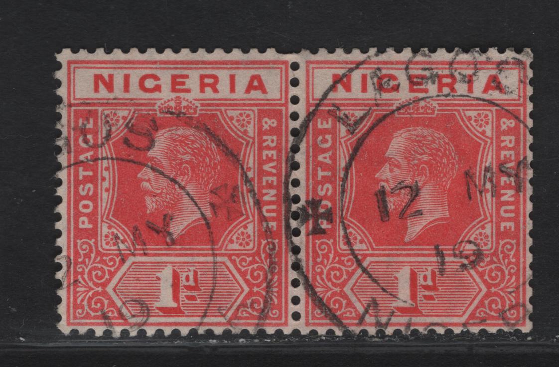 Lot 53 Nigeria SG#2a 1d Scarlet King George V, 1914-1929 KGV Imperium Keyplate Issue, Wmk Multiple Crown CA, A Very Fine Used Booklet Pair, May12,1919 Lagos CDS, Identified By Guillotined Perfs At Right, Scarce.