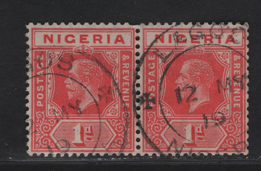 Lot 53 Nigeria SG#2a 1d Scarlet King George V, 1914-1929 KGV Imperium Keyplate Issue, Wmk Multiple Crown CA, A Very Fine Used Booklet Pair, May12,1919 Lagos CDS, Identified By Guillotined Perfs At Right, Scarce.