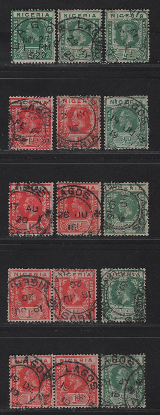 Lot 54 Nigeria SG#1-2a 1/2d - 1d Green - Scarlet King George V, 1914-1929 KGV Imperium Keyplate Issue, Wmk Multiple Crown CA, 13 Fine/Very Fine Used Singles, SON Dated Lagos Cancels, Extra Shades Of The 1919-1920 Dates On 1/2d