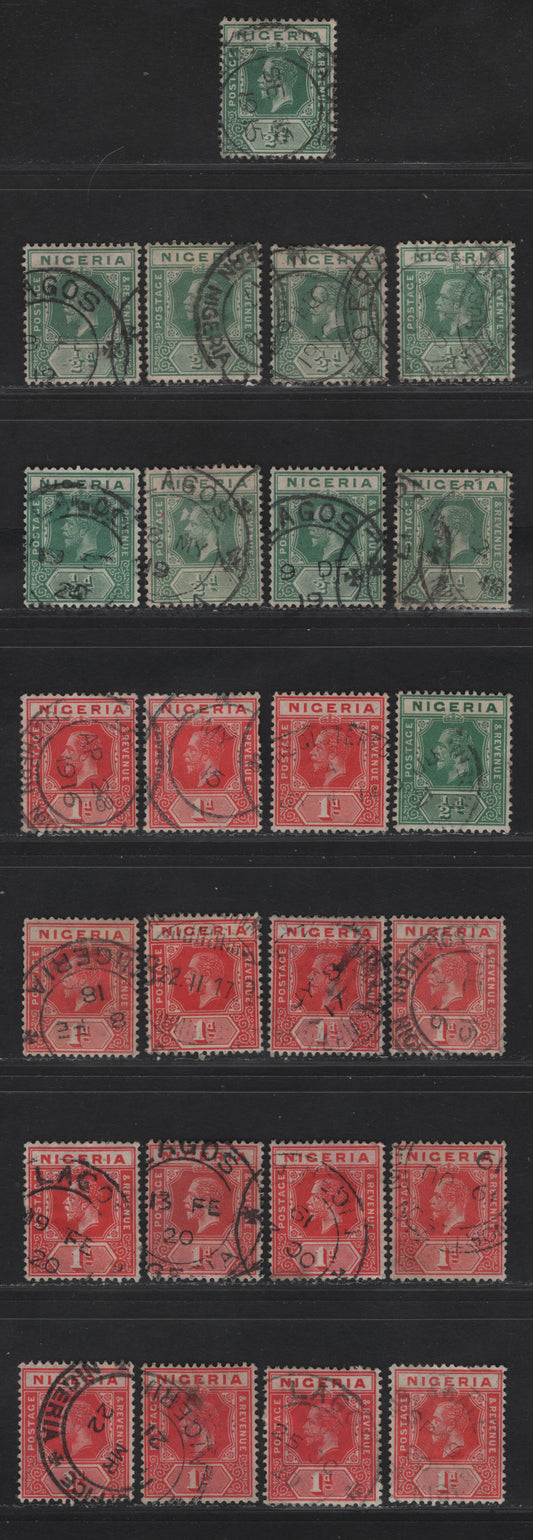 Lot 55 Nigeria SG#1, 2-2a 1/2d - 1d Green - Carmine Red King George V, 1914-1929 KGV Imperium Keyplate Issue, Wmk Multiple Crown CA, 25 Fine/Very Fine Used Singles, Dated Examples Which Shows The Progression Of The Shades On Each Stamp