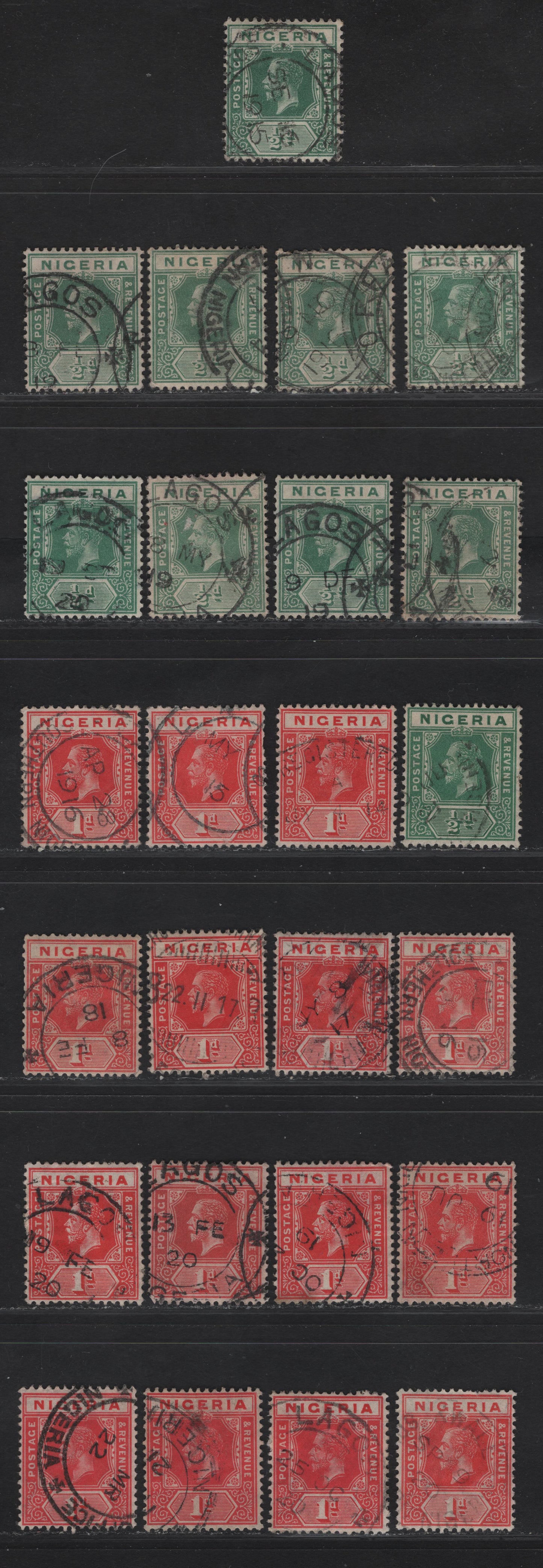 Nigeria SG#1, 2-2a 1/2d - 1d Green - Carmine Red King George V, 1914-1929 KGV Imperium Keyplate Issue, Wmk Multiple Crown CA, 25 Fine/Very Fine Used Singles, Dated Examples Which Shows The Progression Of The Shades On Each Stamp
