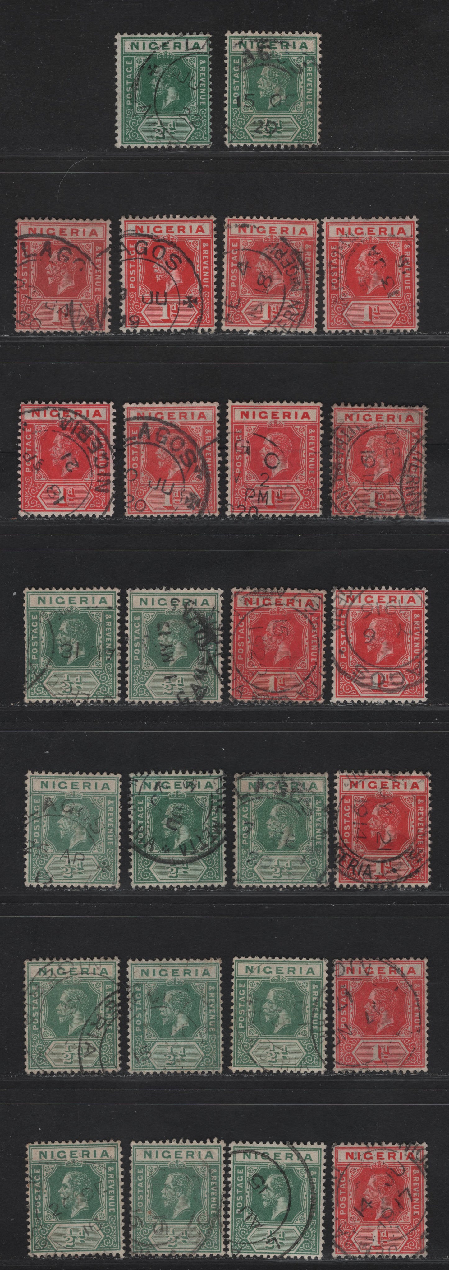 Nigeria SG#1, 2-2a 1/2d - 1d Green - Carmine Red King George V, 1914-1929 KGV Imperium Keyplate Issue, Wmk Multiple Crown CA, 26 Fine/Very Fine Used Singles