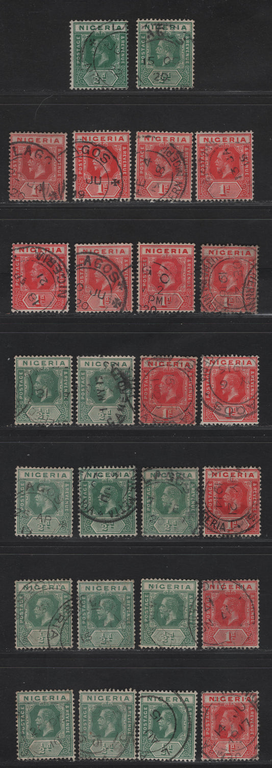 Nigeria SG#1, 2-2a 1/2d - 1d Green - Carmine Red King George V, 1914-1929 KGV Imperium Keyplate Issue, Wmk Multiple Crown CA, 26 Fine/Very Fine Used Singles