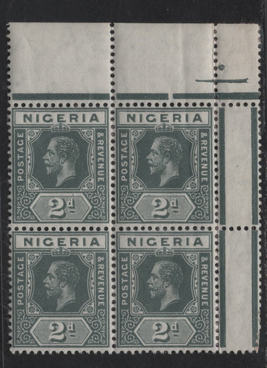 Lot 57 Nigeria SG#3a 2d Slate Gray King George V, 1914-1929 KGV Imperium Keyplate Issue, Wmk Multiple Crown CA, A F/VFOG UR Sheet Margin Block Of 4, Showing All Marginal Markings & Gutters, Light Vertical Bend Affects Right Hand Stamps