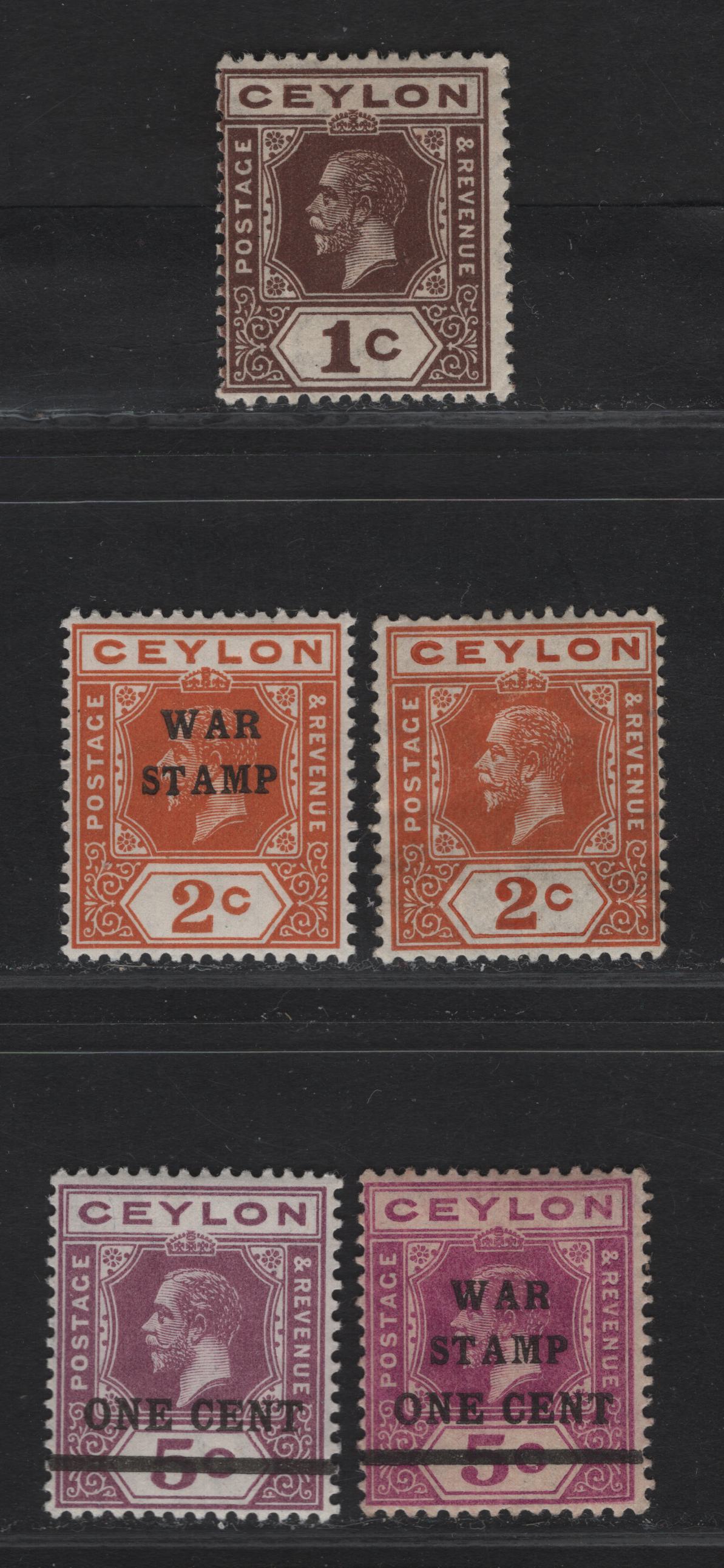 Lot 6 (C) Ceylon #301, 307a, 330, 334, 337 1c Brown - 1c On 5c Purple, 1912-1925 King George V Imperium Keyplate Issue With Wmk Multiple Crown CA, 5 F & VF OG Single The 1c On 5c Wartax Overprint Is The Bright Magenta Shade