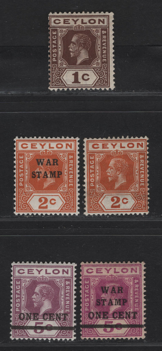 Lot 6 (C) Ceylon #301, 307a, 330, 334, 337 1c Brown - 1c On 5c Purple, 1912-1925 King George V Imperium Keyplate Issue With Wmk Multiple Crown CA, 5 F & VF OG Single The 1c On 5c Wartax Overprint Is The Bright Magenta Shade