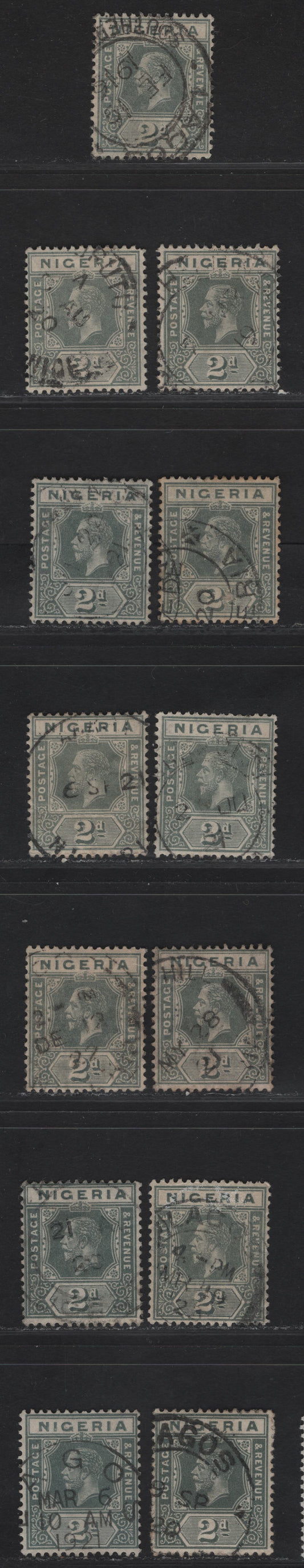 Lot 61 Nigeria #3-3a 2d Pale Grey, Grey And Slate Grey, 1914-1929 King George V Imperium Keyplate Issue, Wmk Multiple Crown CA, 13 F & VF Used Singles Dated Examples That Show The Progression Of The Different Shade Of Grey