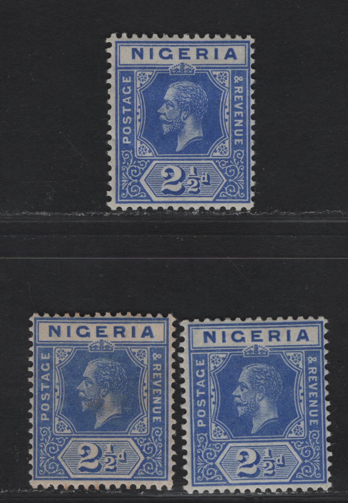 Nigeria #4 2 1/2d Deep Bright Blue, Blue & Bright Blue, 1914-1929 King George V Imperium Keyplate Issue, Wmk Multiple Crown CA, 3 VFOG Singles On 3 Different Shades, All On White Paper With Semi-Visible Watermark