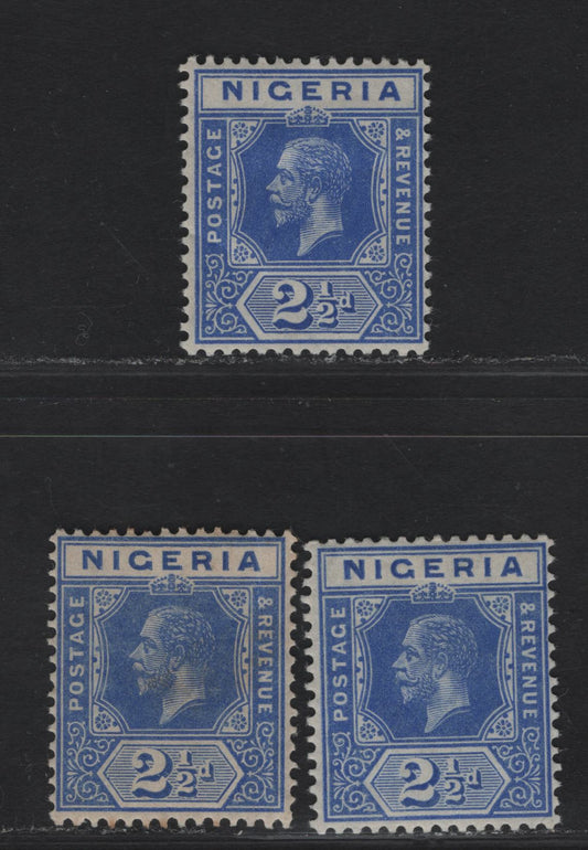 Lot 65 Nigeria #4 2 1/2d Deep Bright Blue, Blue & Bright Blue, 1914-1929 King George V Imperium Keyplate Issue, Wmk Multiple Crown CA, 3 VFOG Singles On 3 Different Shades, All On White Paper With Semi-Visible Watermark
