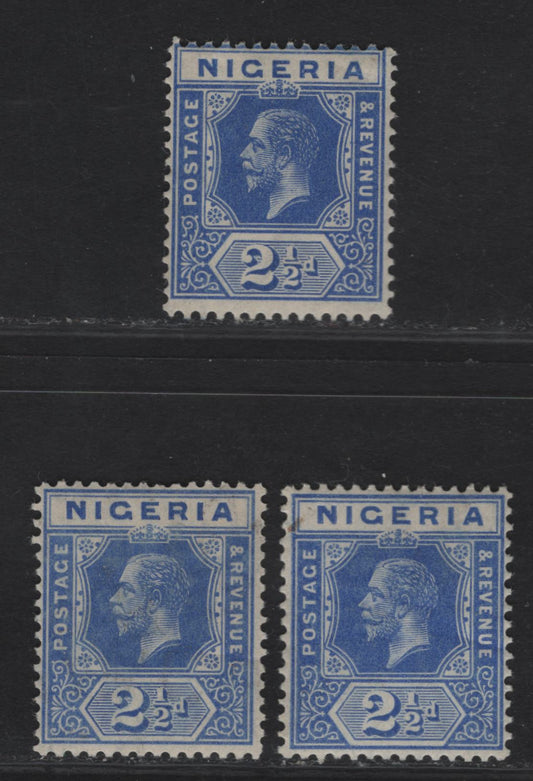 Lot 66 Nigeria #4 2 1/2d Blue, Bright Blue & Deep Bright Blue, 1914-1929 King George V Imperium Keyplate Issue, Wmk Multiple Crown CA, 3 VFOG Singles On Paper With Transparent Watermark & Yellowish Toned Gum